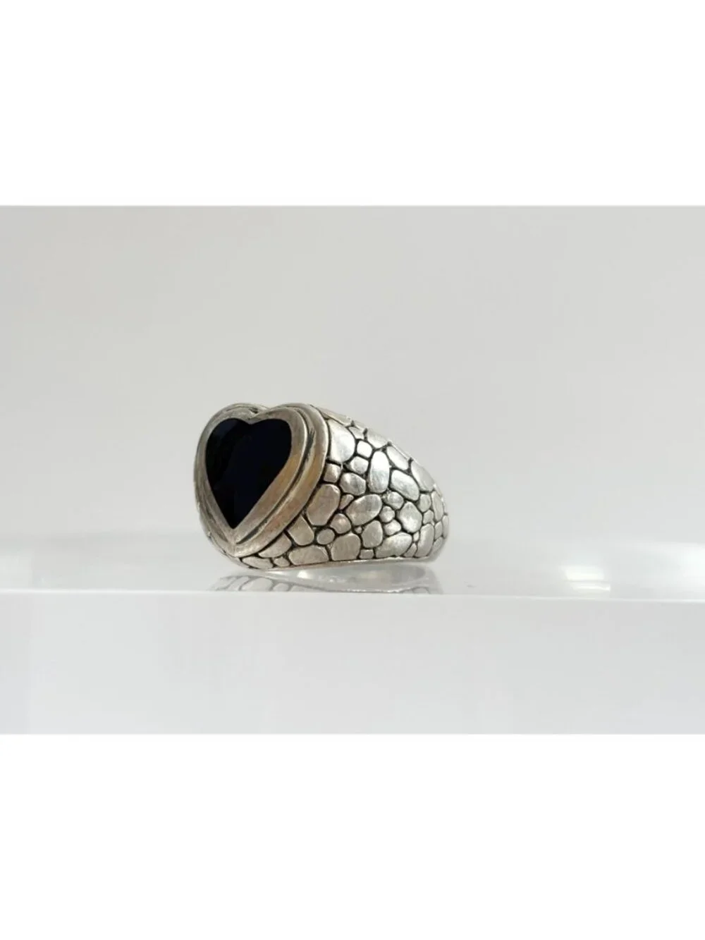 Heart Black Onyx Tortoise Shell Pattern Sterling Silver 925 Vintage Ring sz 6.5